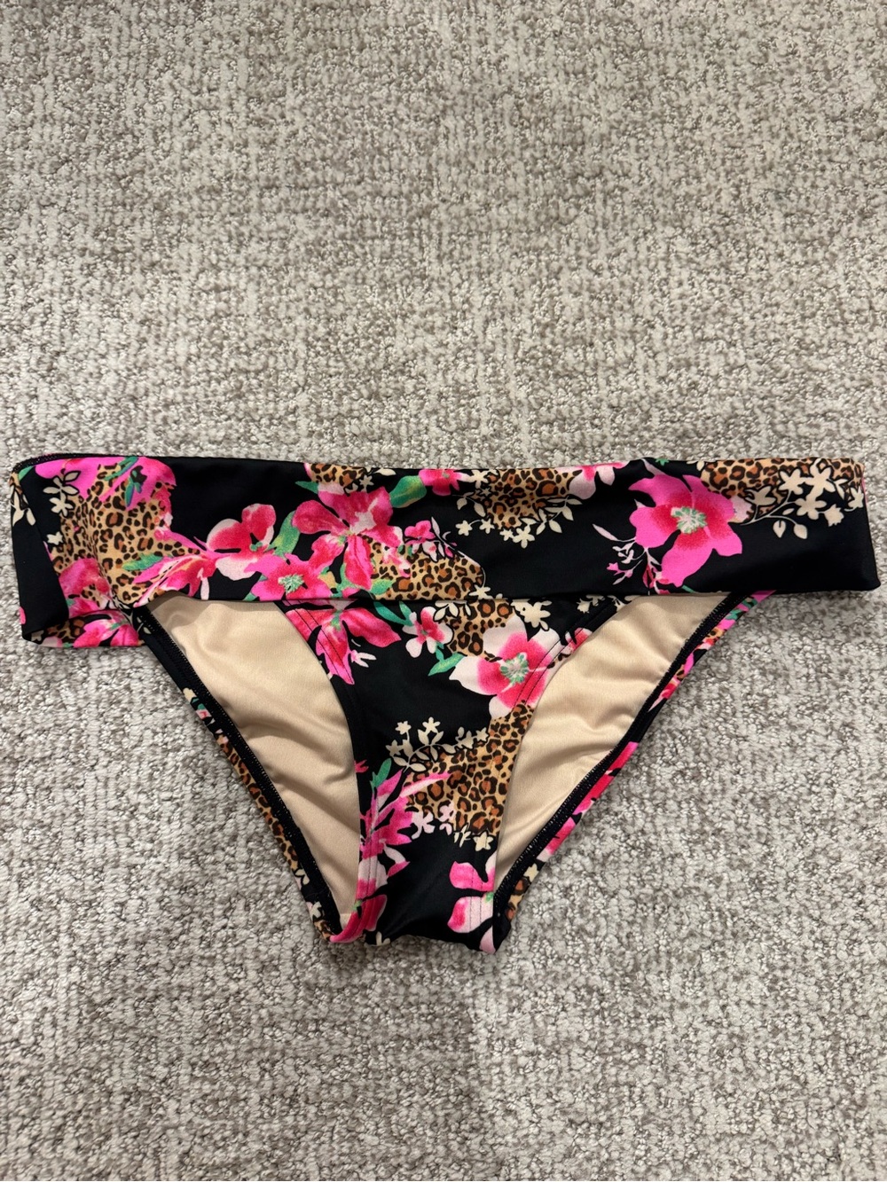 Victoria's Secret Black Bikini Bottom with Pink Floral & Leopard Print